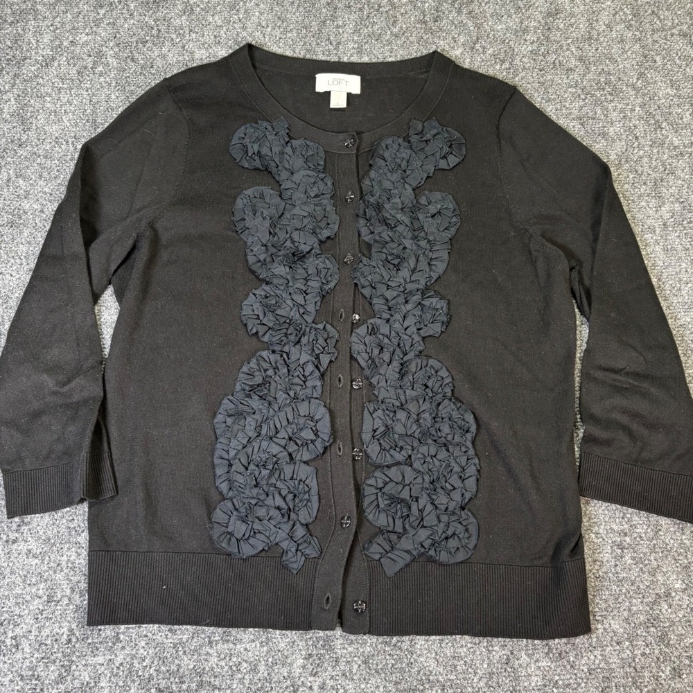 LOFT Black Ruffle Front Cardigan Sweater‎ 3/4 Sleeve Button Up Women's L